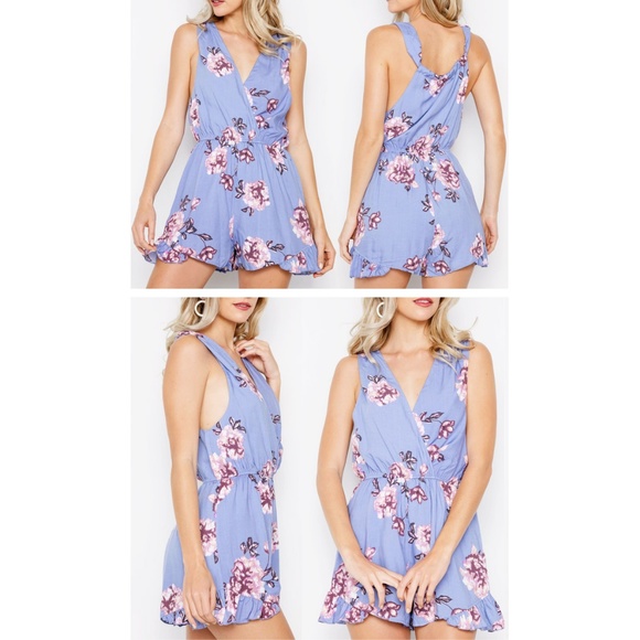 Lilac Floral Surplice V Neck Ruffle Pretty Romper - Picture 7 of 8